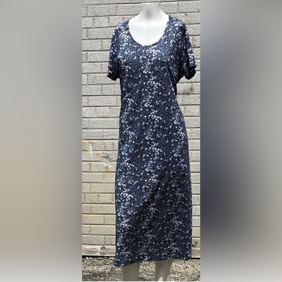 Lands’ End maxi dress Size L BLUE & white floral print Cotton Spandex blend NWOT - Picture 2 of 5